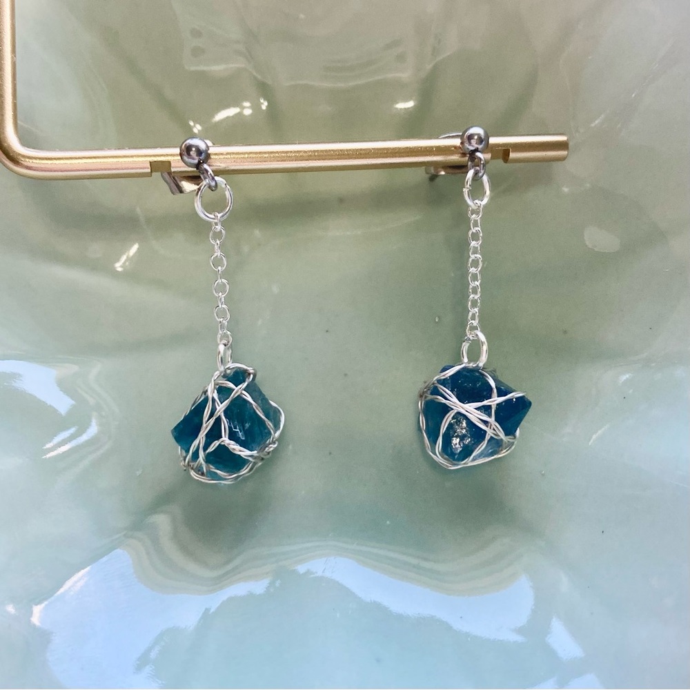 Blue Fluorite Octahedron Wire-Wrapped Earrings E4